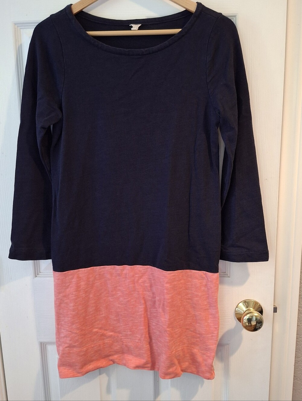 J Crew Colorblock Long Sleeve T Shirt Shift Dress Coral Navy Blue Womens Size S